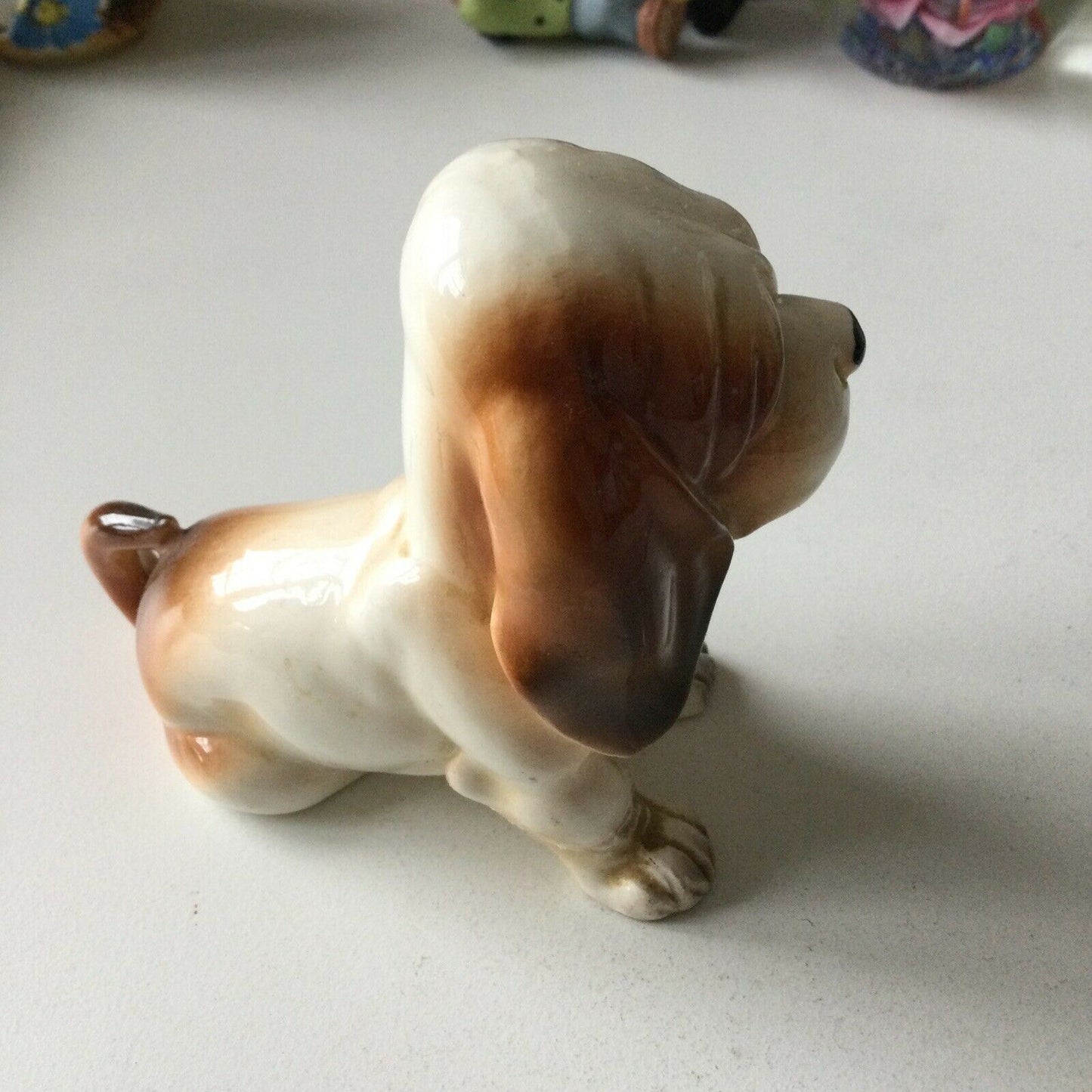 Cute Vintage Ceramic Basset Hound? Dog Ornament Sad Face Eyes. Repair To Leg.