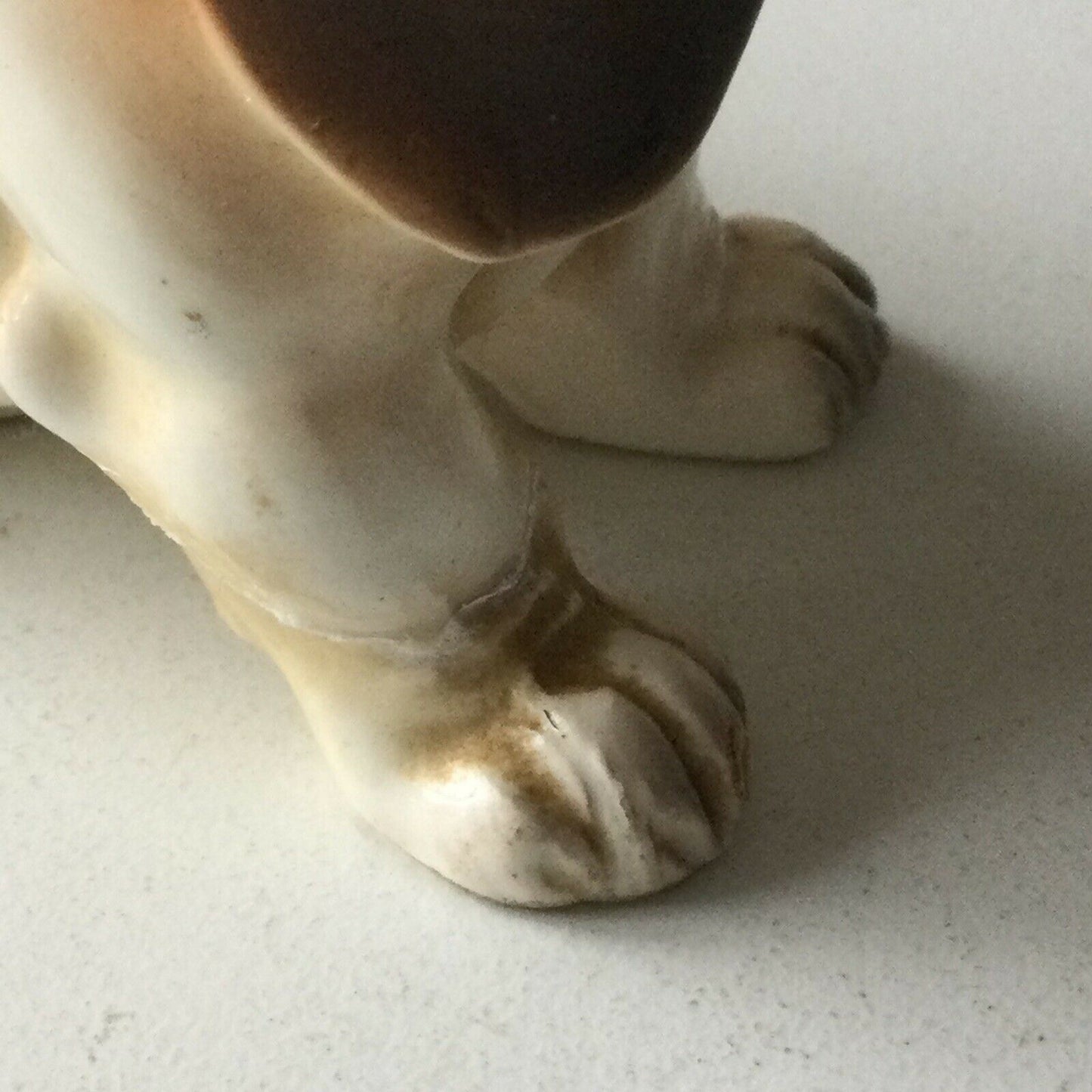 Cute Vintage Ceramic Basset Hound? Dog Ornament Sad Face Eyes. Repair To Leg.