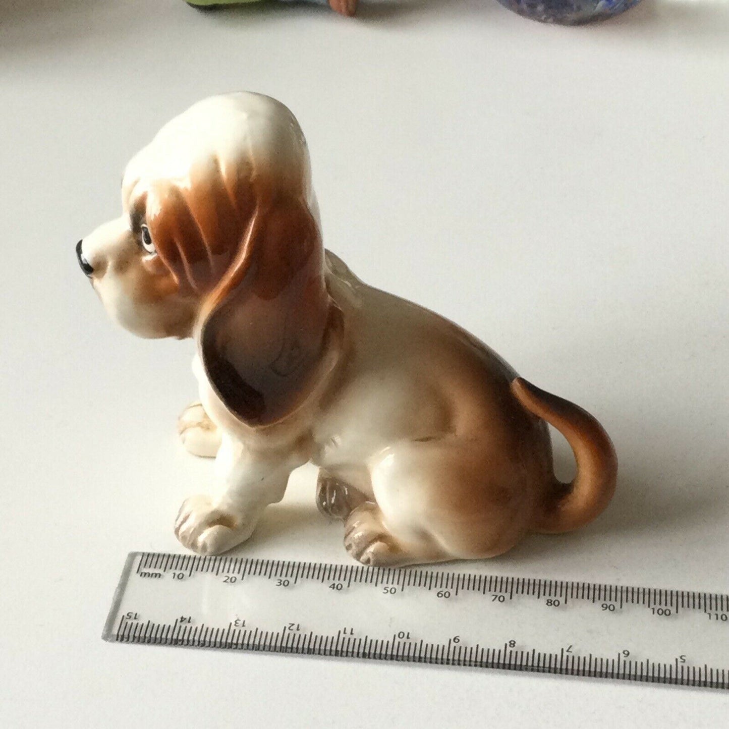 Cute Vintage Ceramic Basset Hound? Dog Ornament Sad Face Eyes. Repair To Leg.