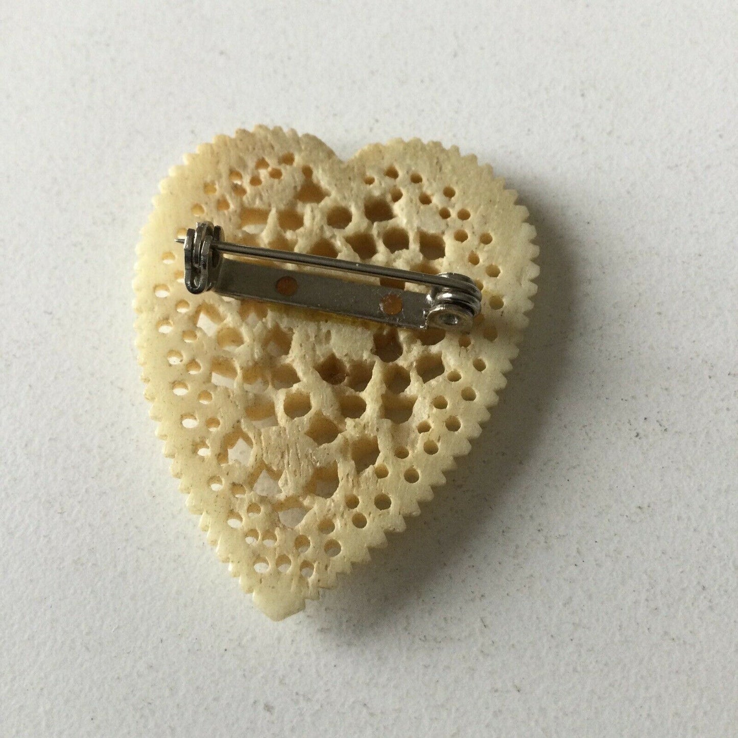 Vintage Early Plastic Carved Brooch. Heart Shape. Pretty Gift. 1940s? Cream.