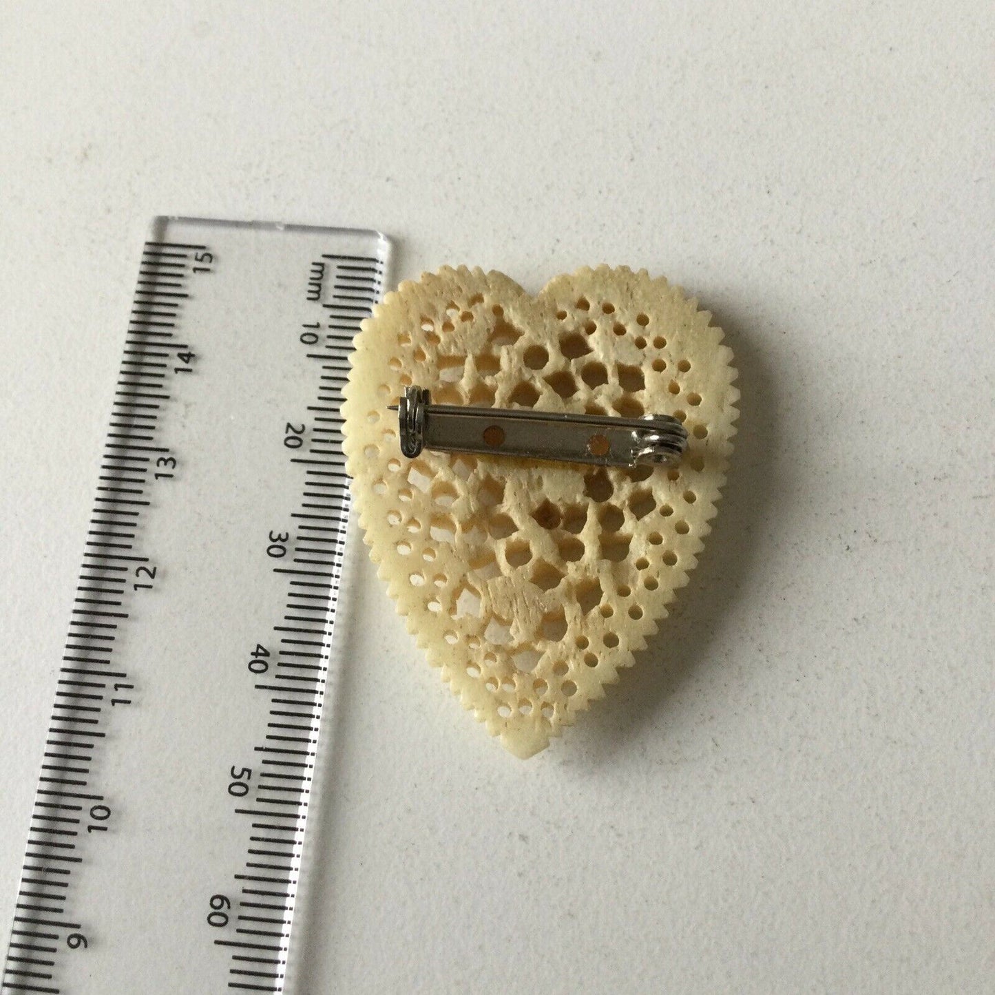 Vintage Early Plastic Carved Brooch. Heart Shape. Pretty Gift. 1940s? Cream.