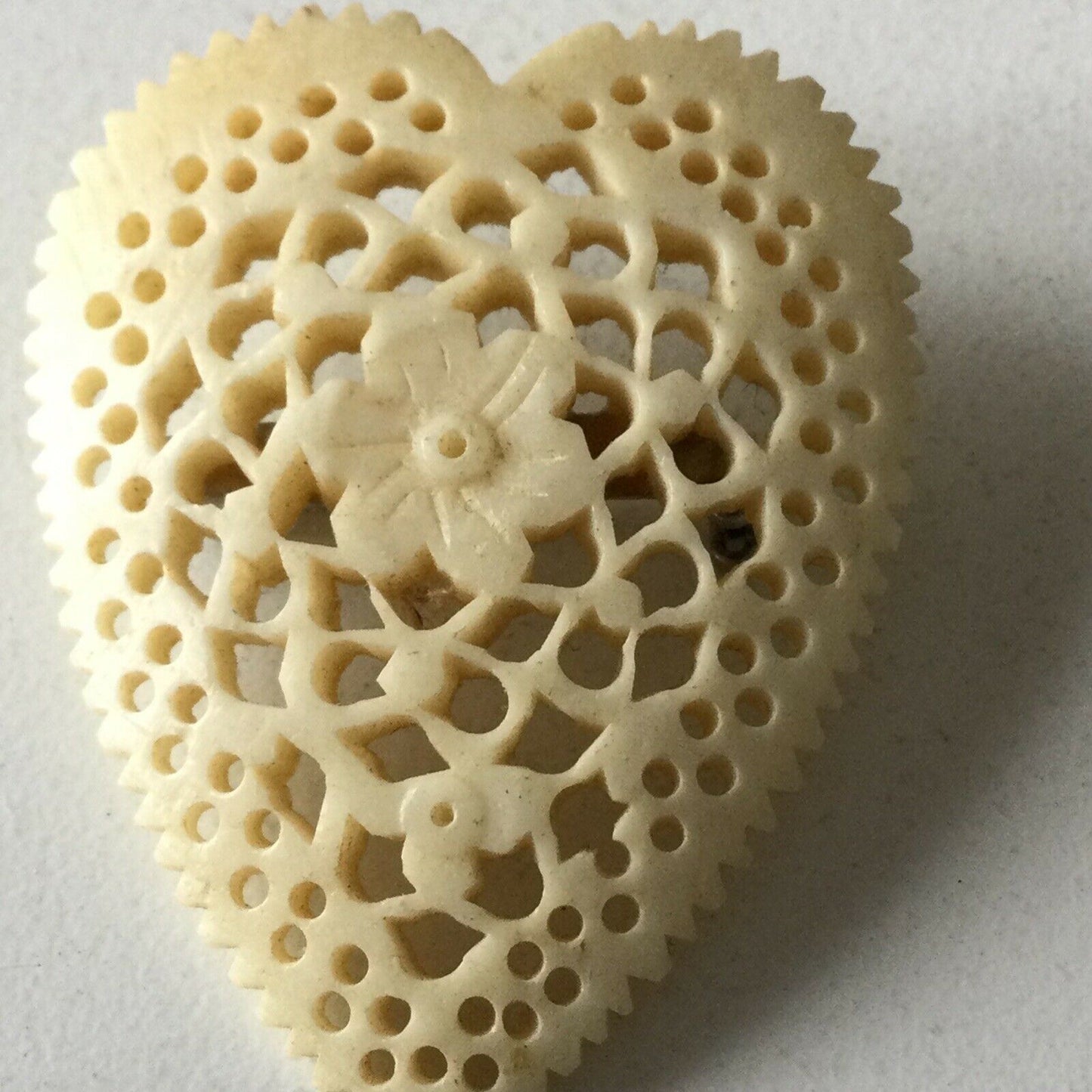 Vintage Early Plastic Carved Brooch. Heart Shape. Pretty Gift. 1940s? Cream.