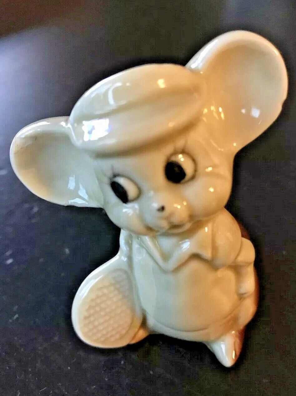 Cute Ceramic Retro Mouse Playing Tennis Ornament. Big Ears. Kitsch. Fun.