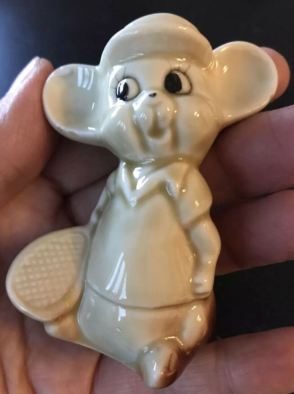 Cute Ceramic Retro Mouse Playing Tennis Ornament. Big Ears. Kitsch. Fun.