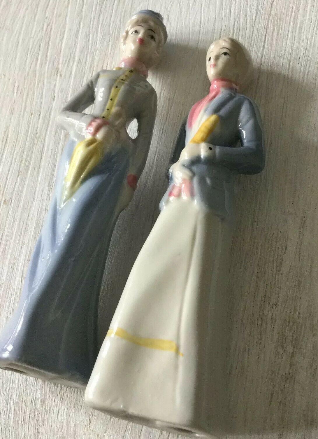 Pair Of Ceramic Lady Figurines. Blue White. Edwardian Clothes. Approx 16cm High