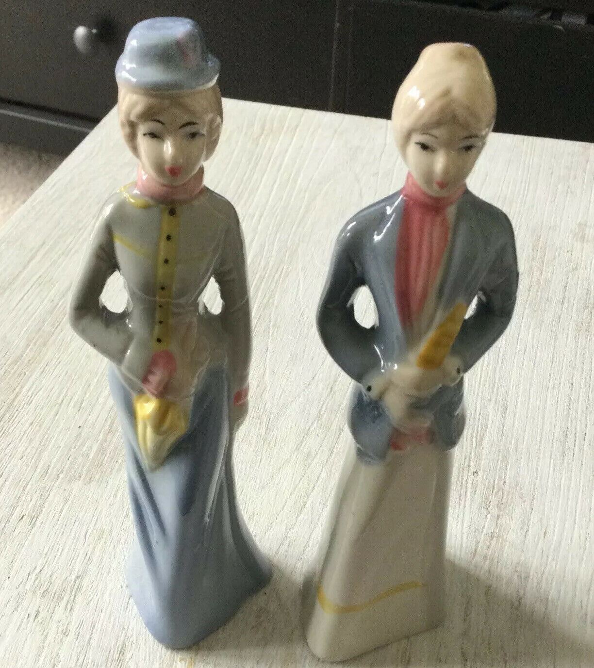 Pair Of Ceramic Lady Figurines. Blue White. Edwardian Clothes. Approx 16cm High