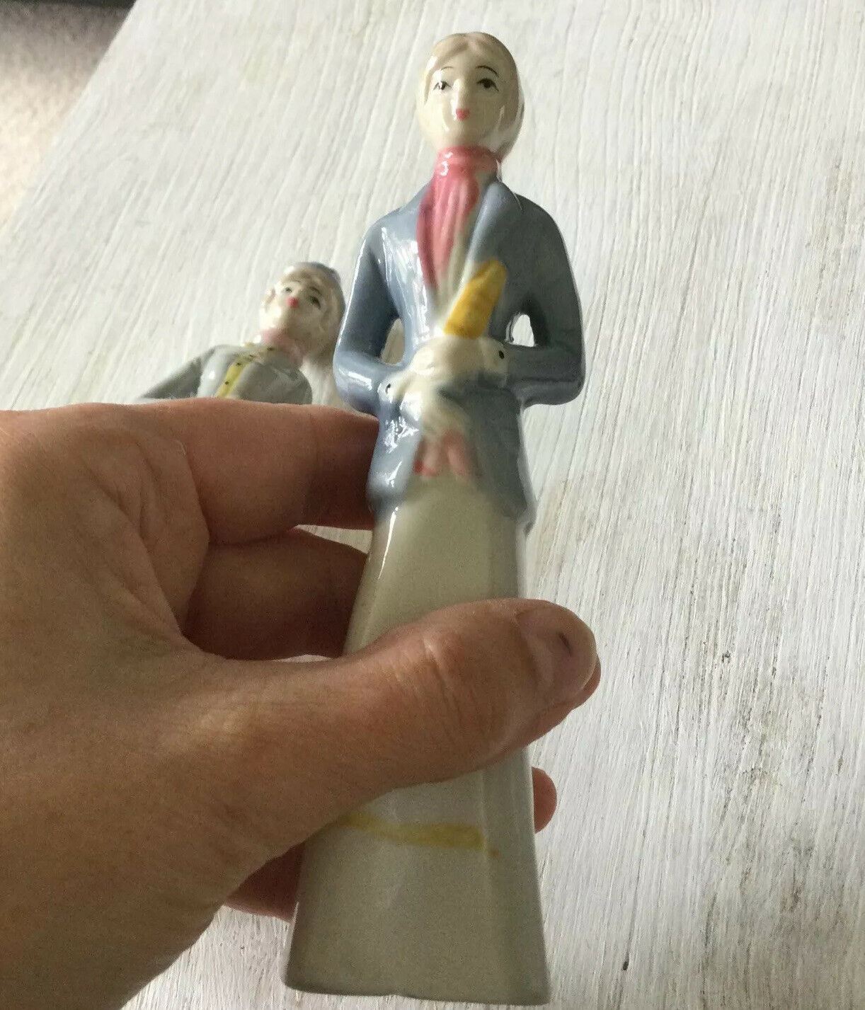 Pair Of Ceramic Lady Figurines. Blue White. Edwardian Clothes. Approx 16cm High