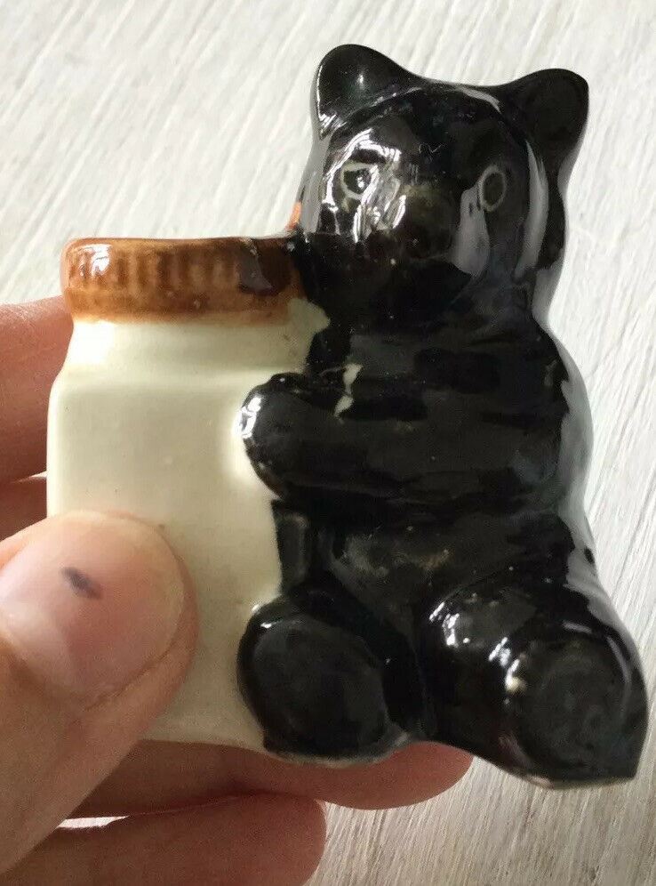 Small Black Bear With Honeypot Ornament Figurine Cute Retro Vintage Style 6cm