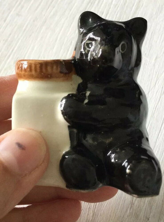 Small Black Bear With Honeypot Ornament / Figurine. Cute Retro Vintage Style. 6cm