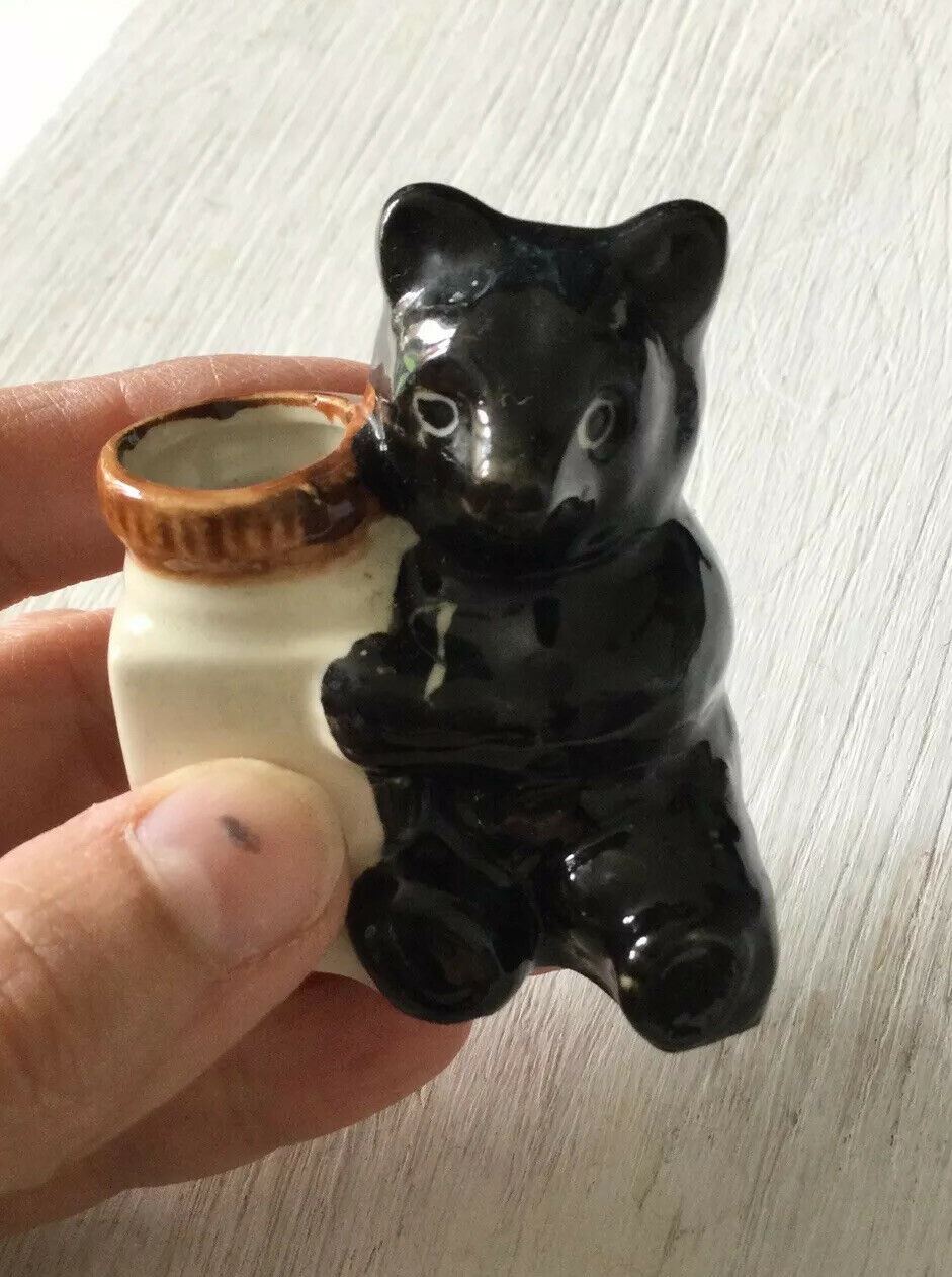 Small Black Bear With Honeypot Ornament / Figurine. Cute Retro Vintage Style. 6cm