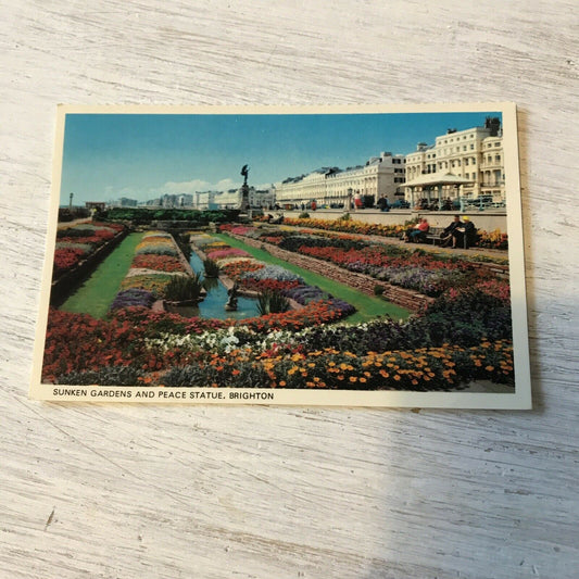 Old Postcard Bright Colours Sunken Gardens & Peace Statue Brighton Flowers