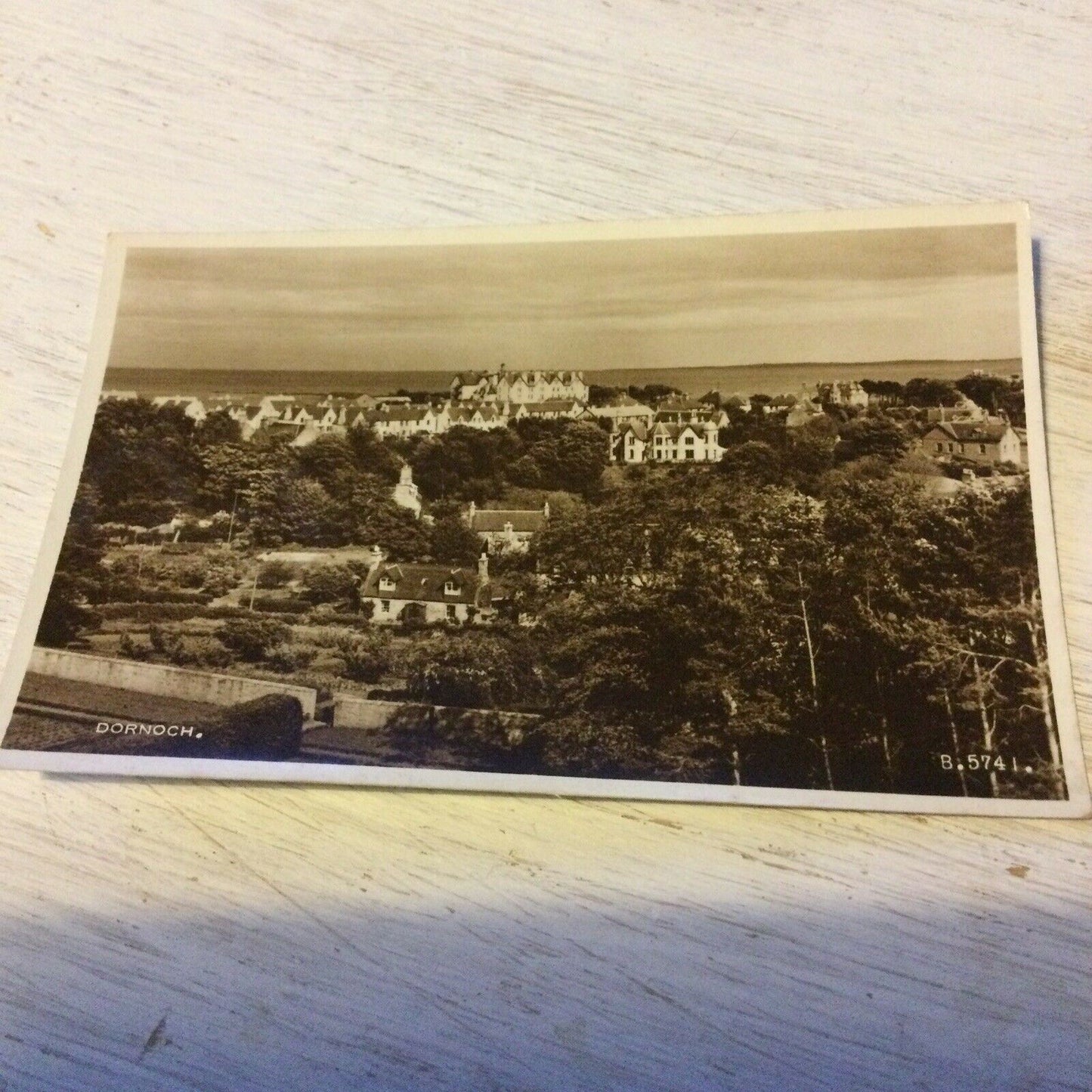 Vintage Postcard Dornoch Scotland RP sepia photo seascape houses trees