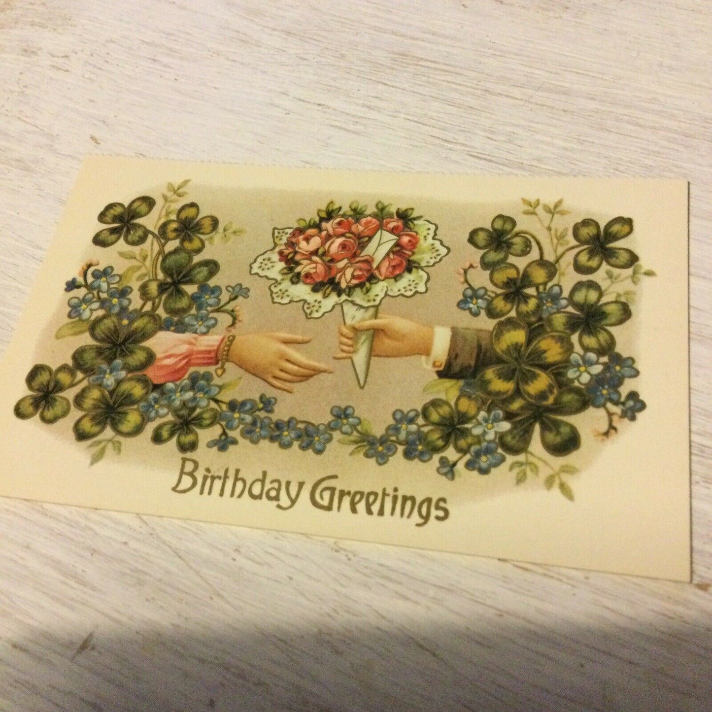 Repro Vintage Birthday Greetings Postcard Rose Bouquet Four Leaf Clover