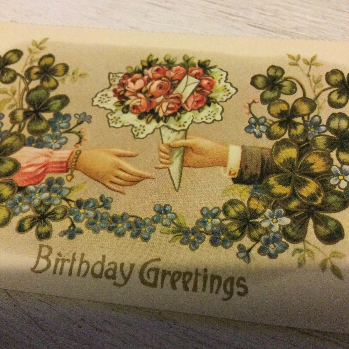 Repro Vintage Birthday Greetings Postcard Rose Bouquet Four Leaf Clover