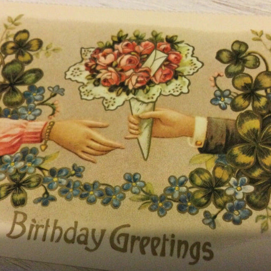 Repro Vintage Birthday Greetings Postcard - Rose Bouquet - Four Leaf Clover - Victorian Style