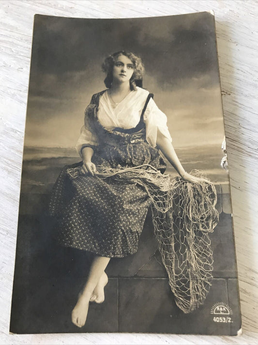 Vintage 1911 Sepia Postcard Social History Woman With Fishing Net. Wistful.