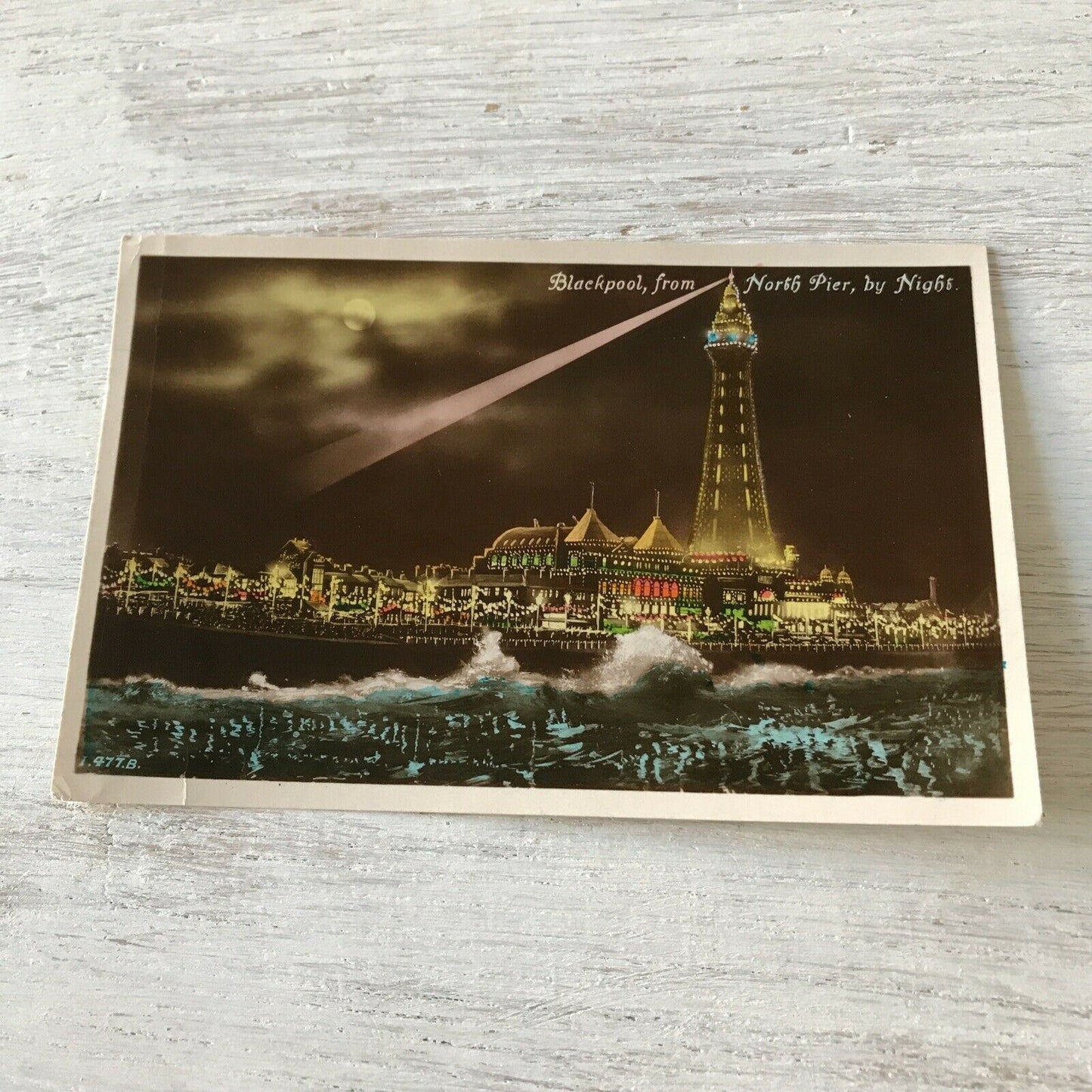 Vintage 1930s Tinted RP Postcard. Blackpool Tower Illuminations Pier Waves Retro