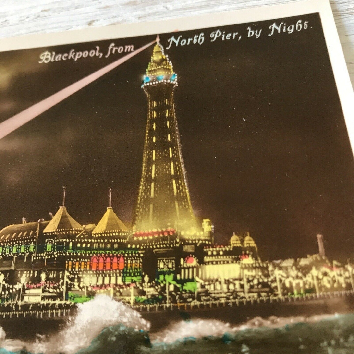 Vintage 1930s Tinted RP Postcard. Blackpool Tower Illuminations Pier Waves Retro