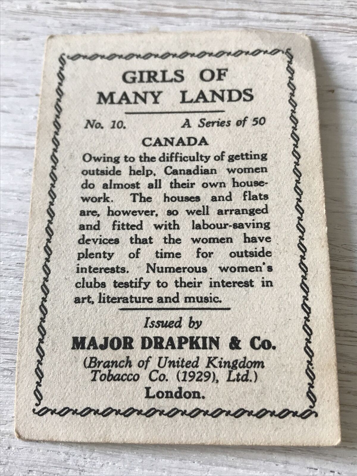 Vintage Cigarette Card Major Drapkin Girls Of Many Lands #20 Canada