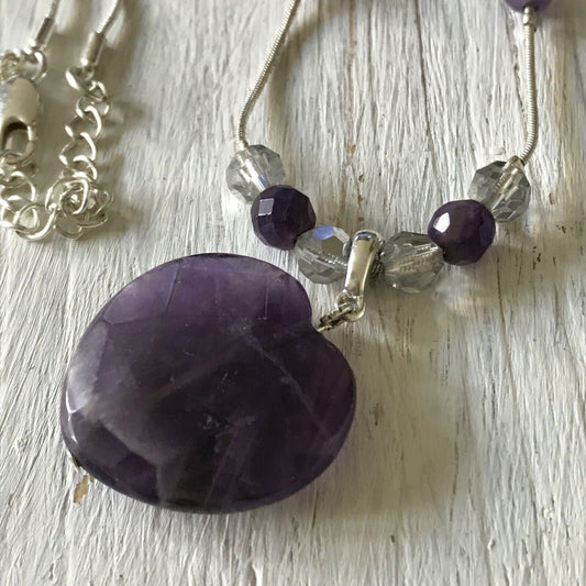 Pretty Heart Stone Purple Necklace - Silver Tone - Beaded - M&S - Good Condition