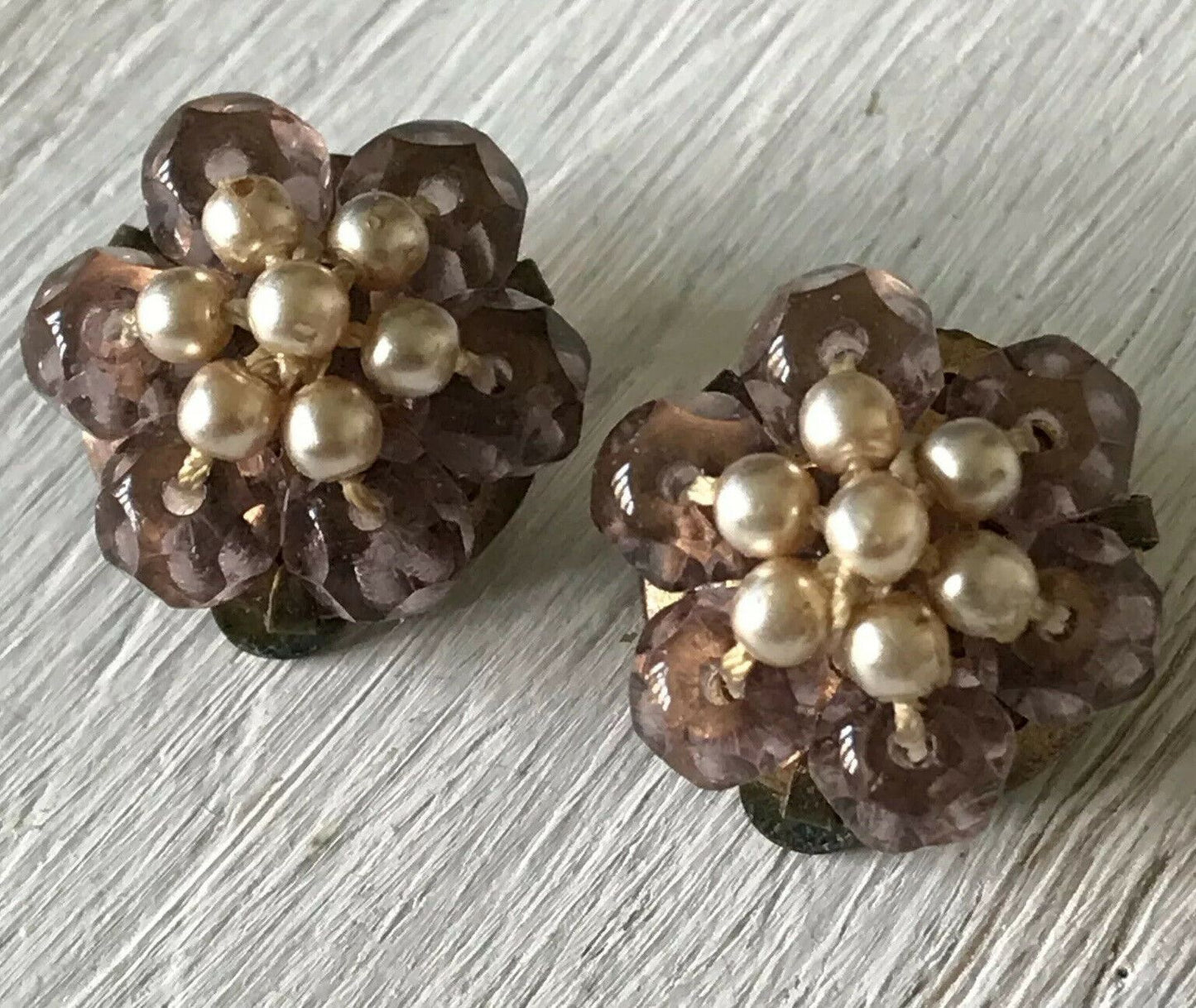 Vintage Clip On Button Cluster Earrings Dressy Pale Purple And Simulated Pearls