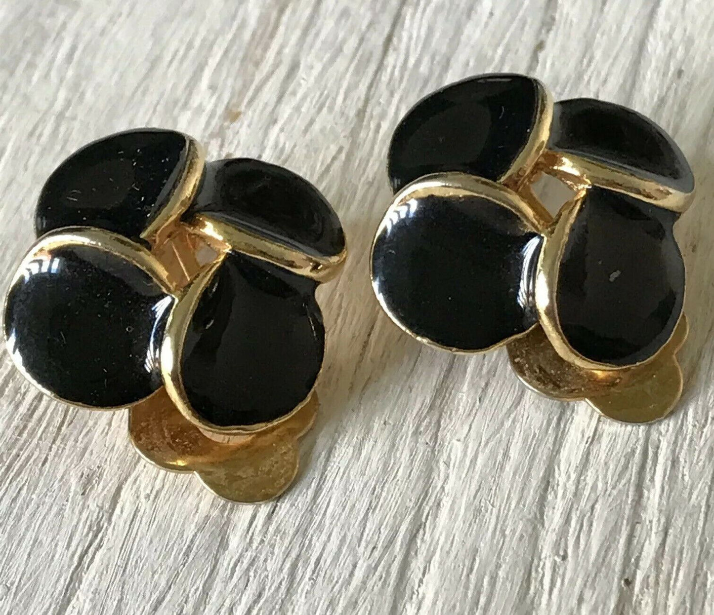 Gold Tone Black Enamel Clip On Earrings 80s Style Blingy Bold Button Studs