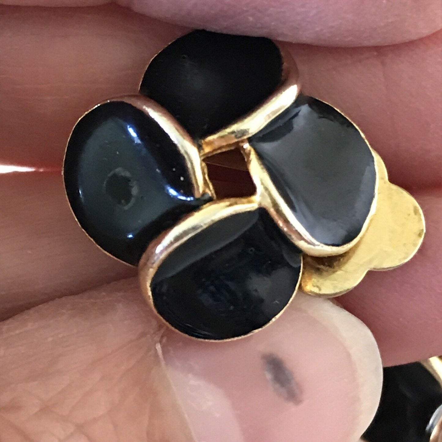 Gold Tone Black Enamel Clip On Earrings 80s Style Blingy Bold Button Studs