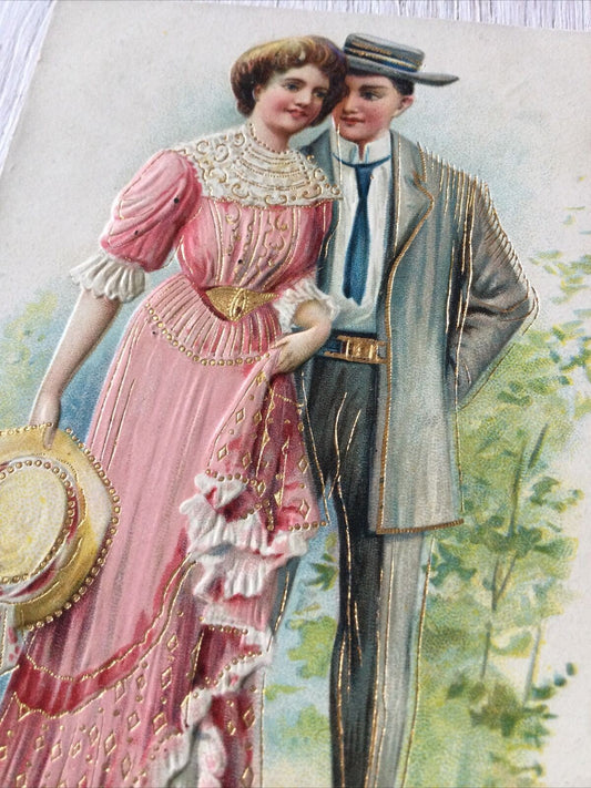 Vintage Postcard Art Couple In Edwardian Clothing. Little Poem. Woman In Pink