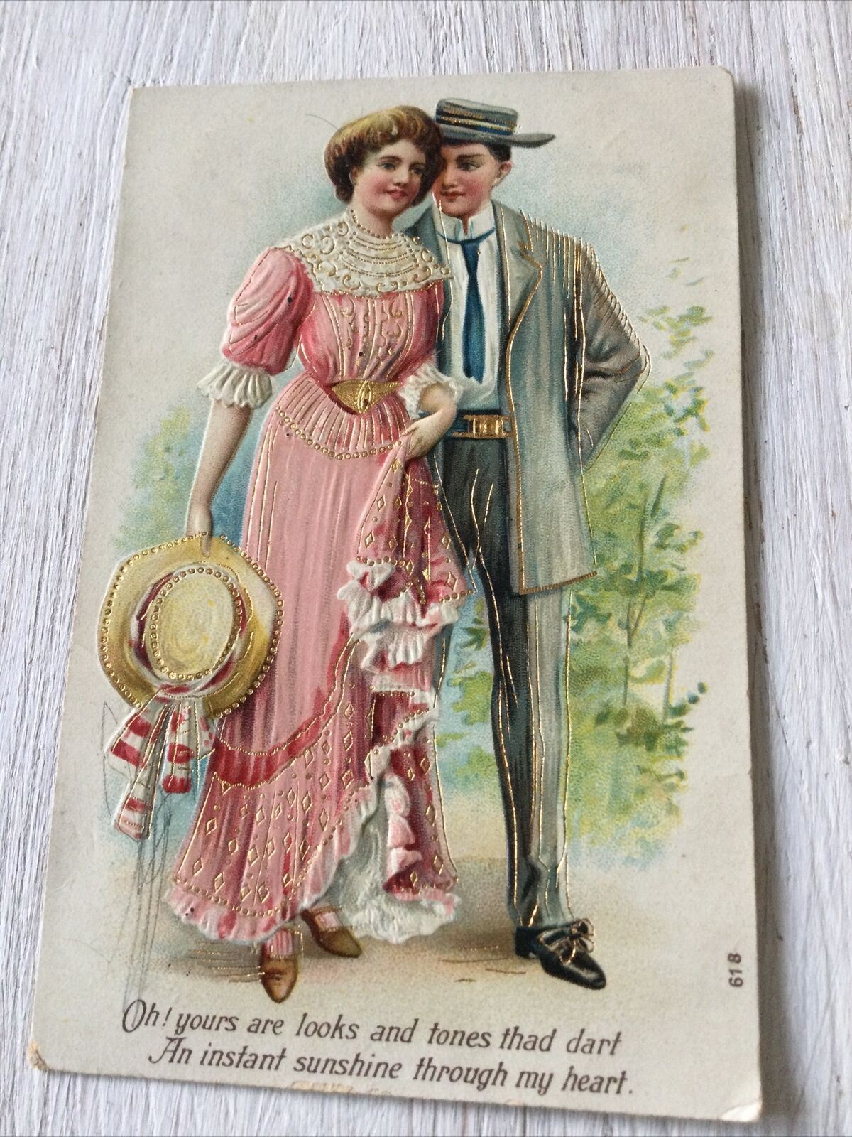 Vintage Postcard Art Couple In Edwardian Clothing. Little Poem. Woman In Pink