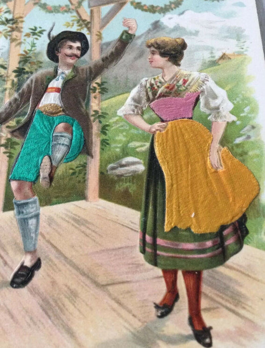 Vintage Postcard Embossed Coloured. Dancers In Bavarian? Austrian? Costume