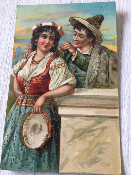 Vintage Postcard. Coloured With Gold Detail. Woman In Gypsy Romany Costume