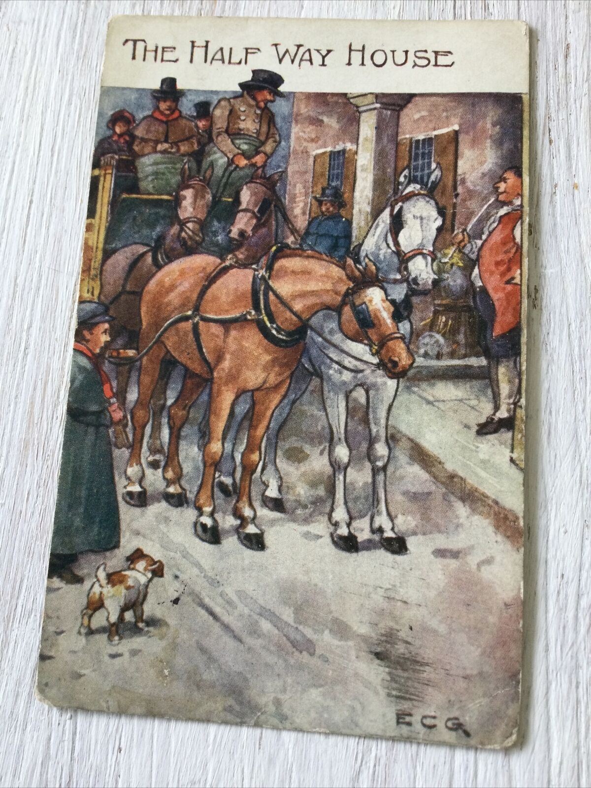 Vintage Postcard The Half Way House Drawing Of Horse And Cart Outside Inn ECG