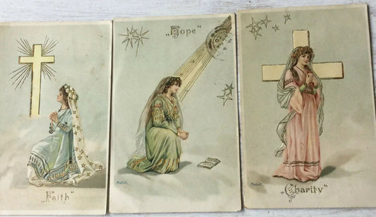 Faith Hope Charity Antique Vintage Postcards Pastel Colours Pretty 1905 Edwardia