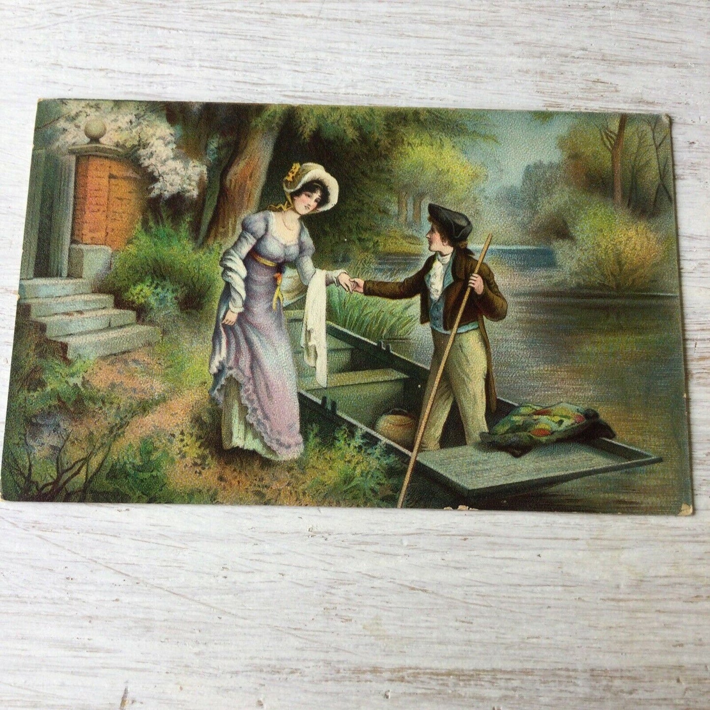 Antique Edwardian Postcard 1907 Coloured Picture. Man & Woman Punting River Scen