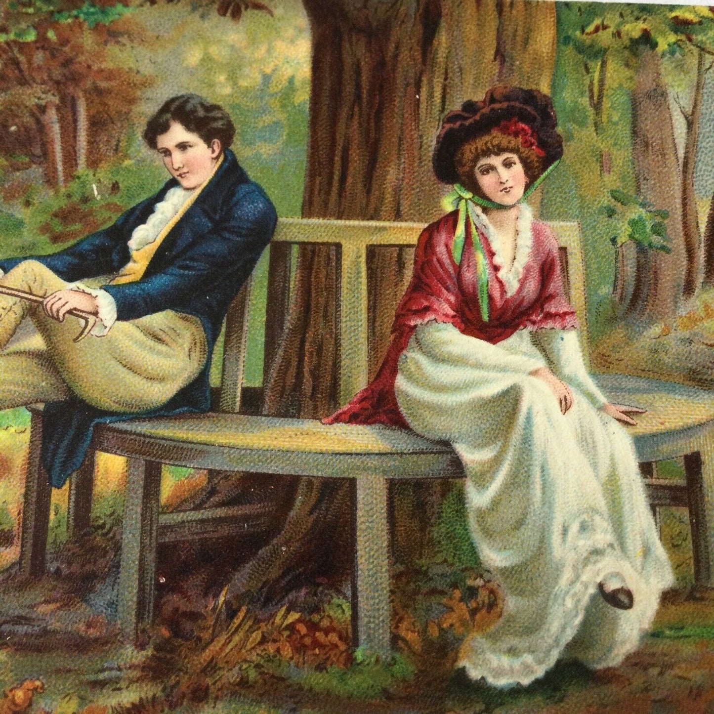 Edwardian Vintage Antique Postcard Man And Woman Sitting Under Tree. Forest