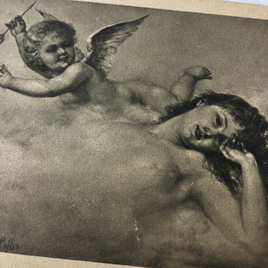 Vintage Postcard Black & White. Woman And Cupid In Clouds. German?