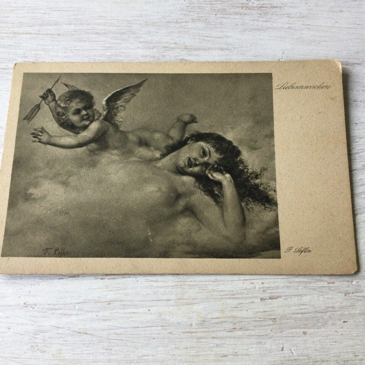 Vintage Postcard Black & White. Woman And Cupid In Clouds. German?