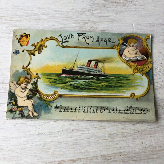 Vintage Postcard Love From Afar. Picture Of Ship Cupids Sweet & Low Wind Of