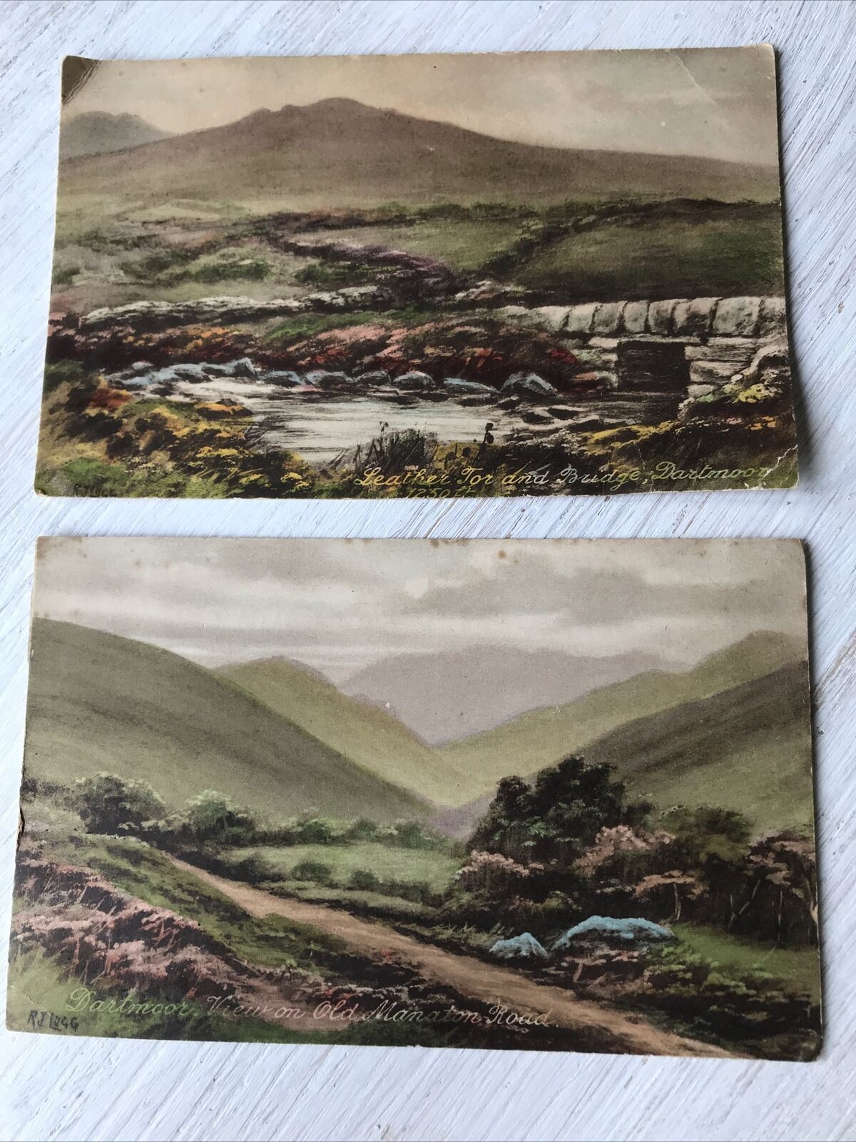 Set Of 2 Vintage Tinted Postcards Dartmoor Leather Tor & Bridge, Manaton Road