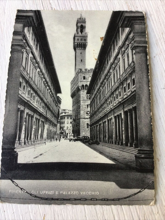 Vintage Postcard Florence Italy Uffizi & Palazzo Vecchio Black & White 1954 50s