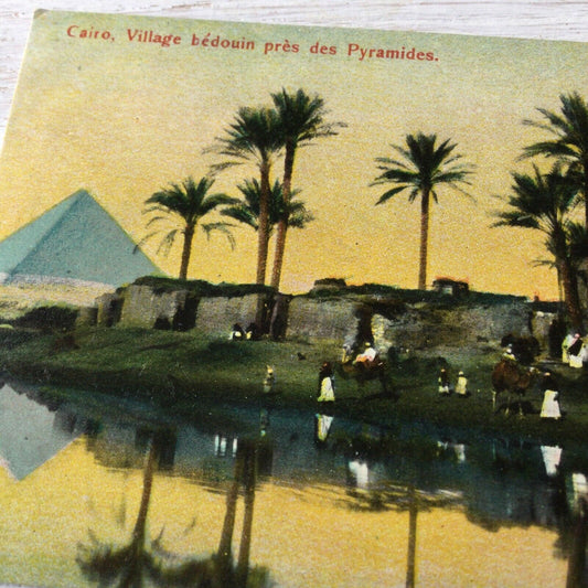 Vintage Tinted Postcard. Cairo Egypt. Bedouin Village Near The Pyramids. River Nile, Palm Trees.