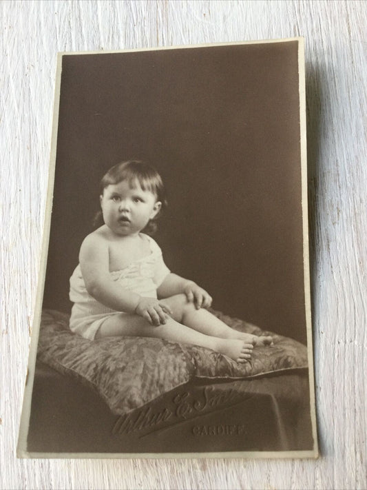 Vintage Photo Portrait Postcard Baby Sitting On Cushion Arthur Smith Cardiff