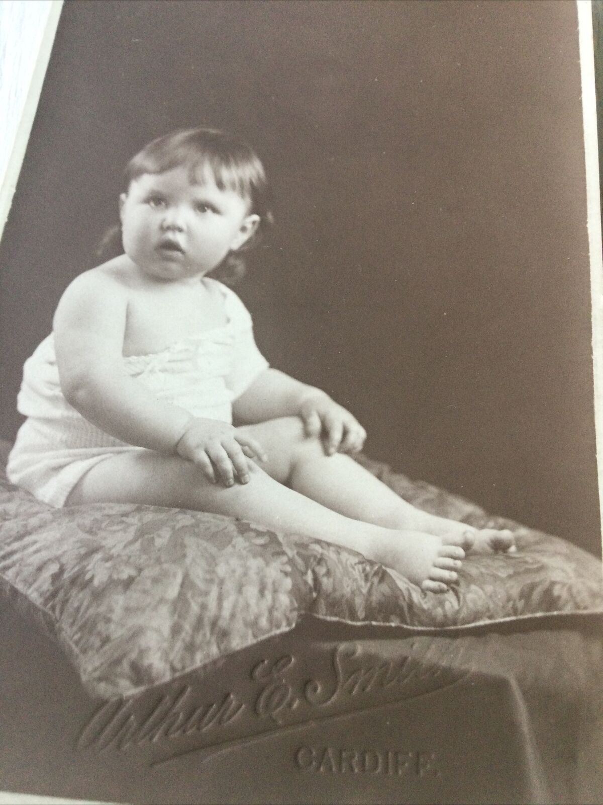 Vintage Photo Portrait Postcard Baby Sitting On Cushion Arthur Smith Cardiff