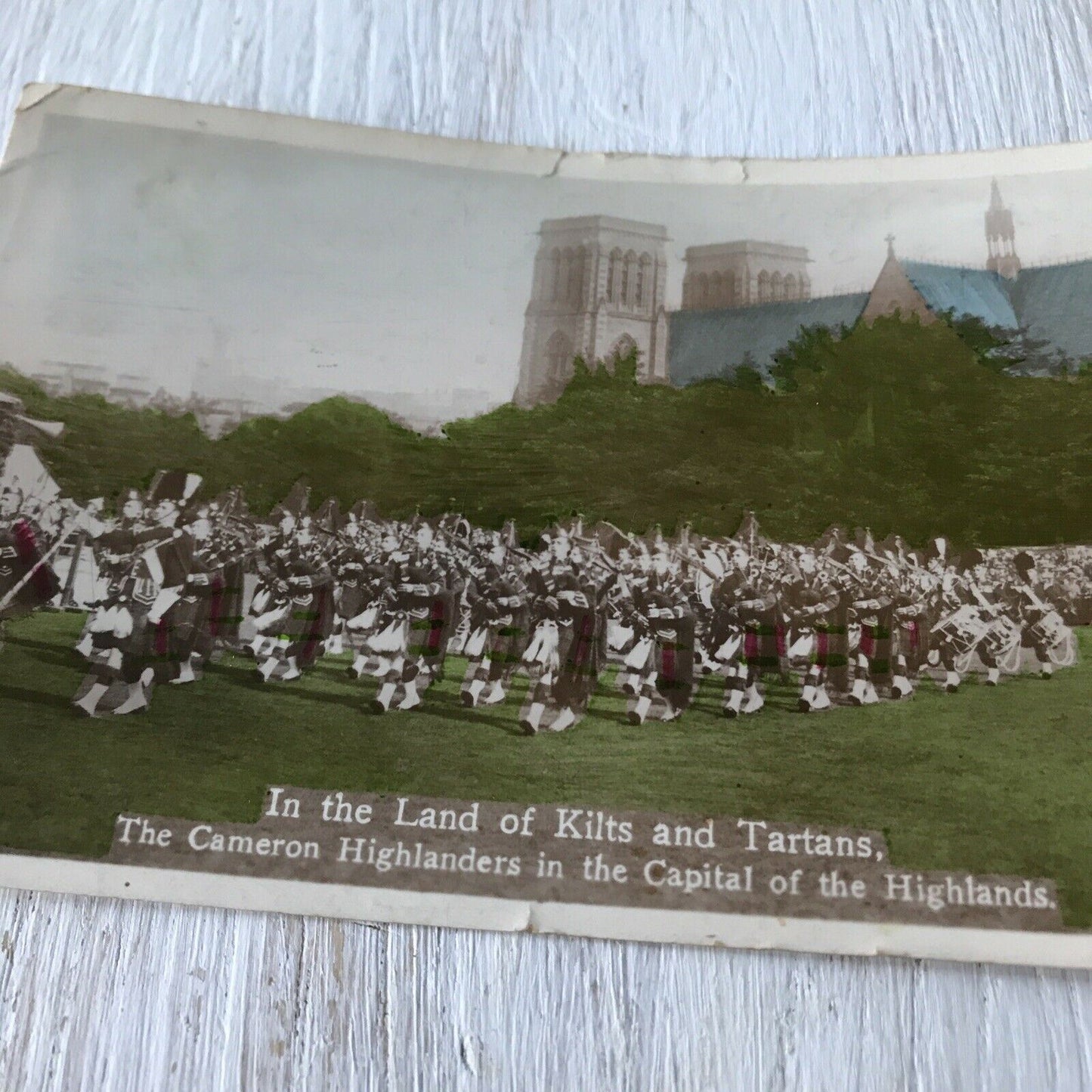 Vintage 1930s Postcard Tinted Scotland 1934 Cameron Highlanders Kilts Tartans