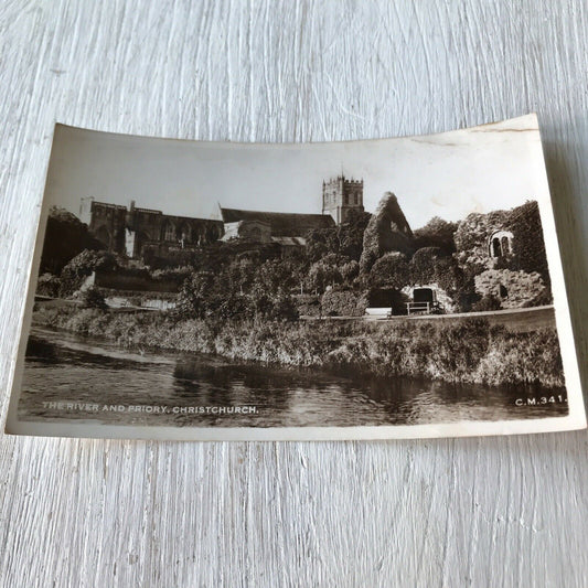 Vintage Postcard RP Christchurch The River & Priory Black & White Sun Ray Series