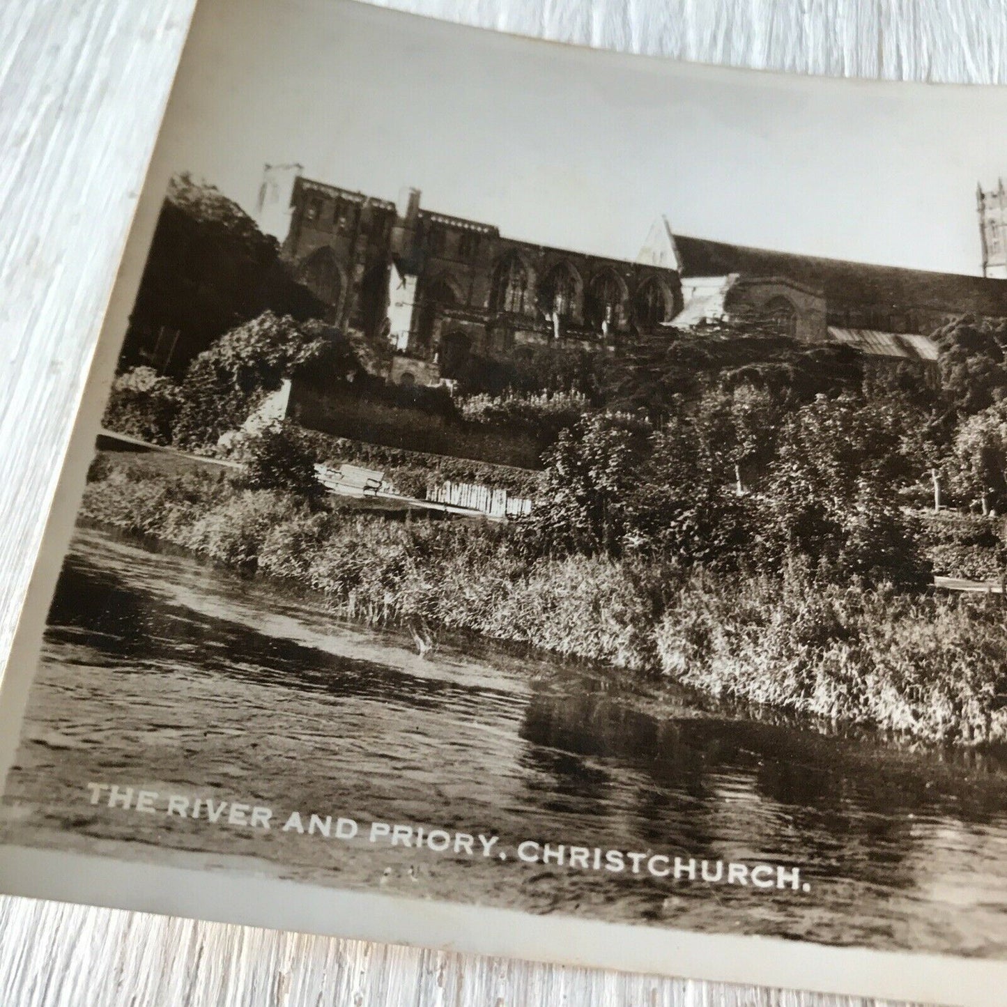 Vintage Postcard RP Christchurch The River & Priory Black & White Sun Ray Series