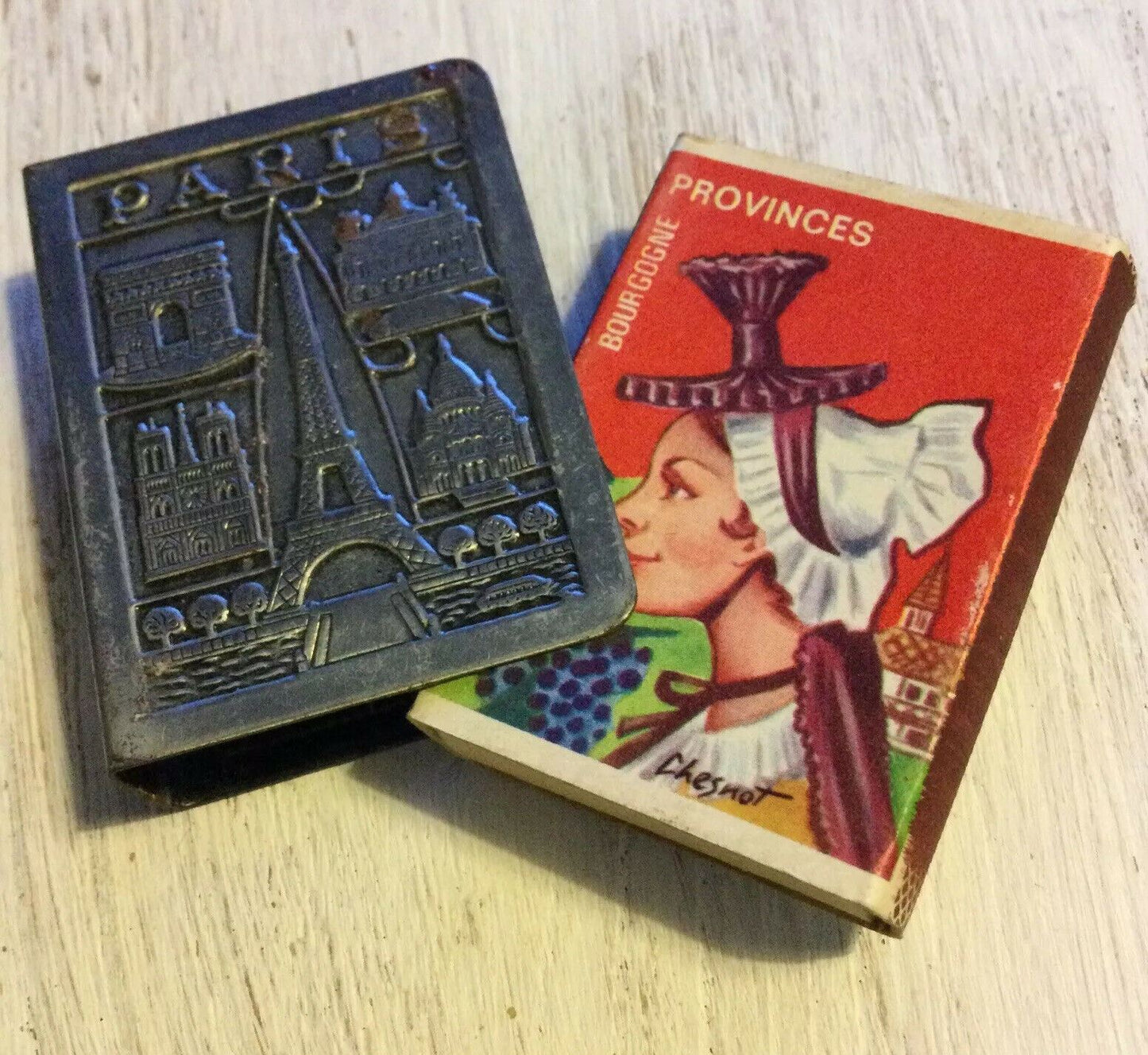 Vintage Matchbox Holder Metal GAY PARIS Souvenir Eiffel with Vintage Matchbox