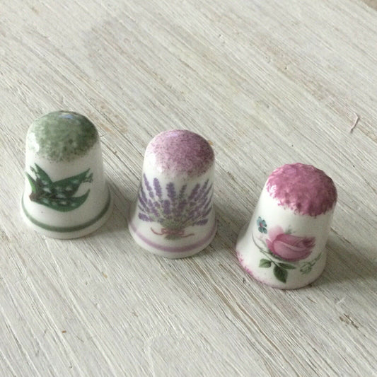 Set Of 3 China Thimbles Co Ordinated Ceramics Norfolk Flowers Rose Lavender Lily