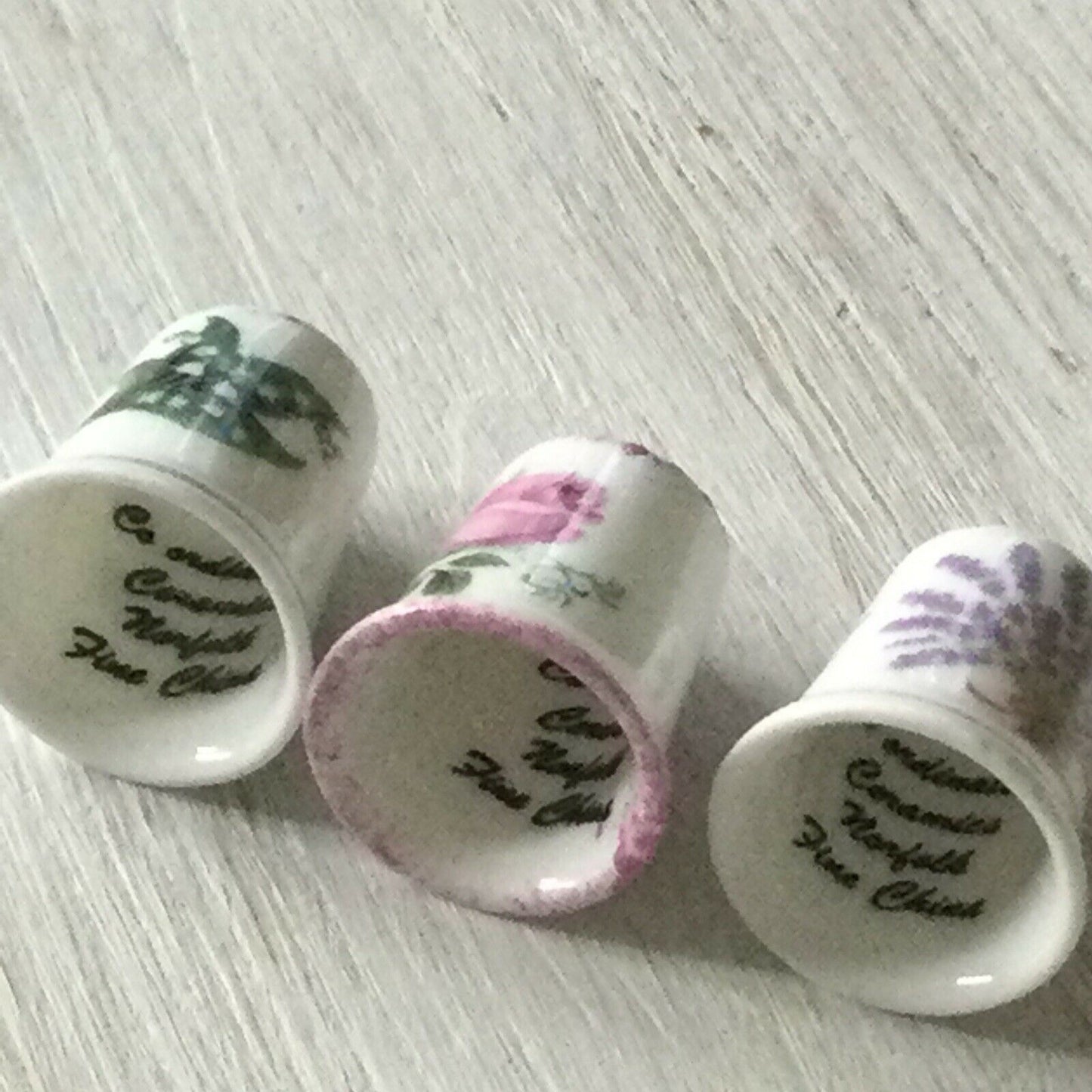 Set Of 3 China Thimbles Co Ordinated Ceramics Norfolk Flowers Rose Lavender Lily