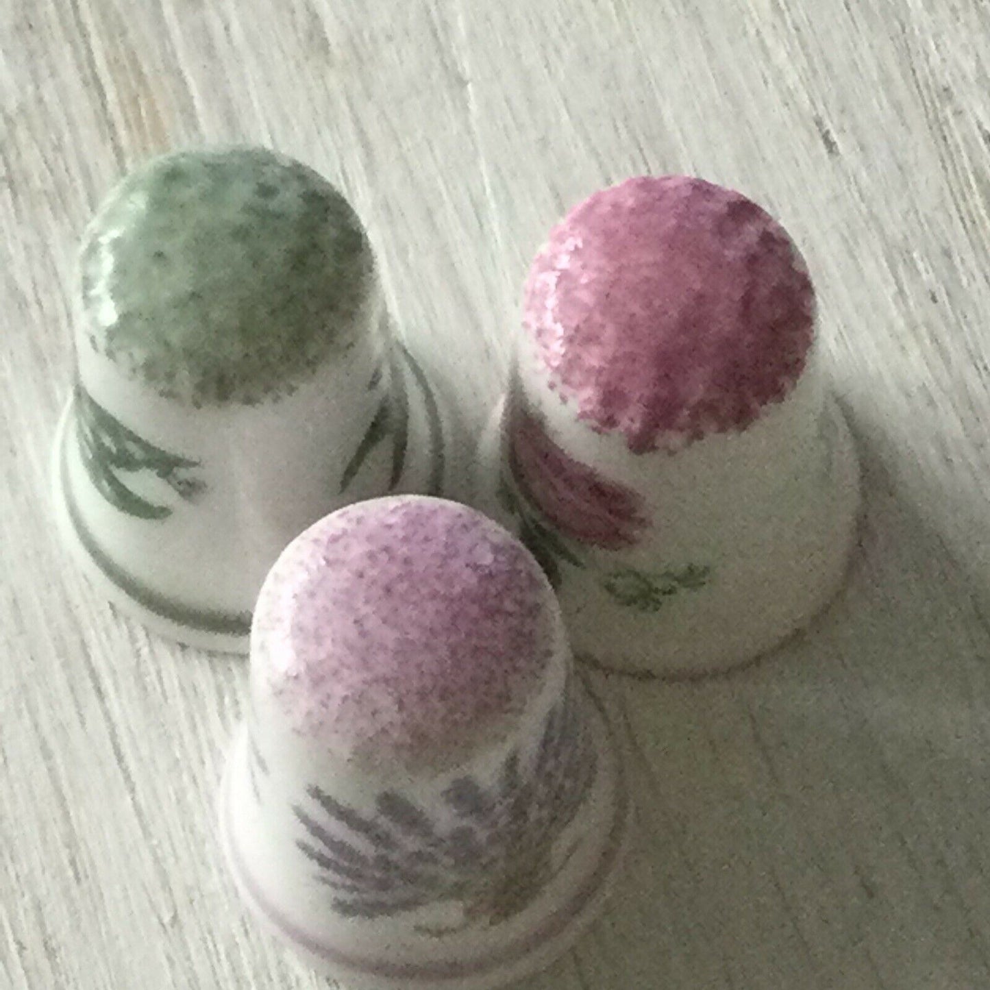 Set Of 3 China Thimbles Co Ordinated Ceramics Norfolk Flowers Rose Lavender Lily